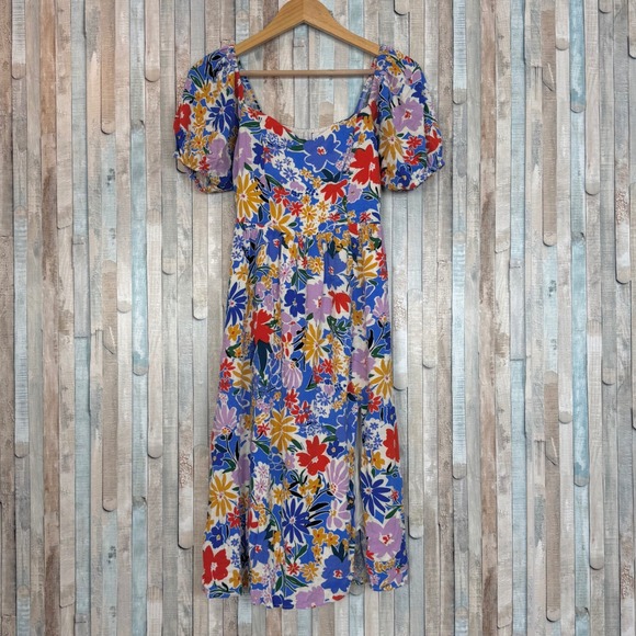 Sugarlips Dresses & Skirts - Sugarlips Colorful Boho Ojai Floral Puff Sleeve Smocked Sweetheart Midi Dress XS
